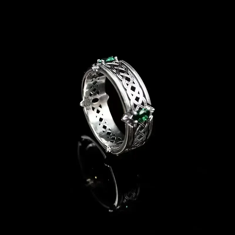 Fashion Green Gemstone Irish Celtic Knot Open Adjustable Ring Vintage Lucky Jewelry for Men Women