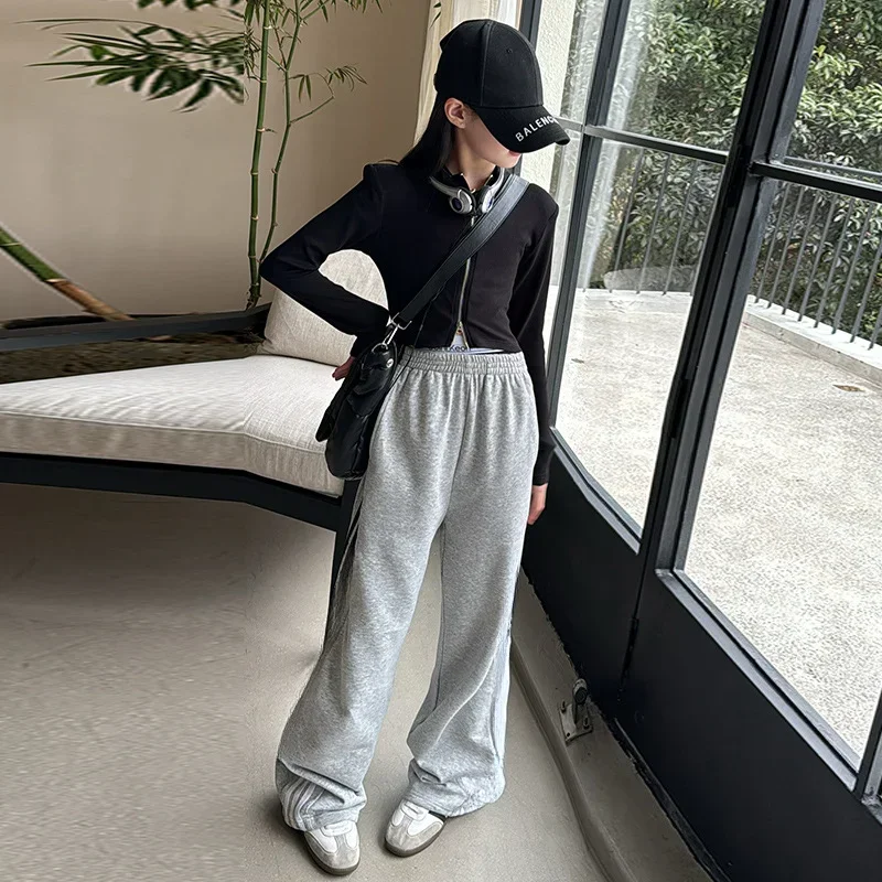 Girls Trousers Children 2024 New Spring and Summer Fashion Gray Pants Simple Casual Bottoms European Fashion Style Clothes