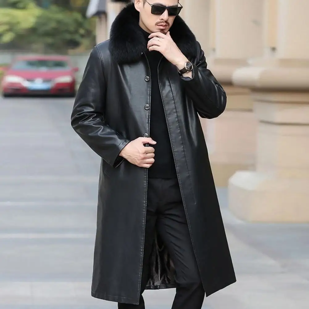 Men Jacket Solid Color Faux Leather Lapel Long Sleeve Coat Pockets Single Breasted Fleece Lining Jacket Coat Men Long Streetwear