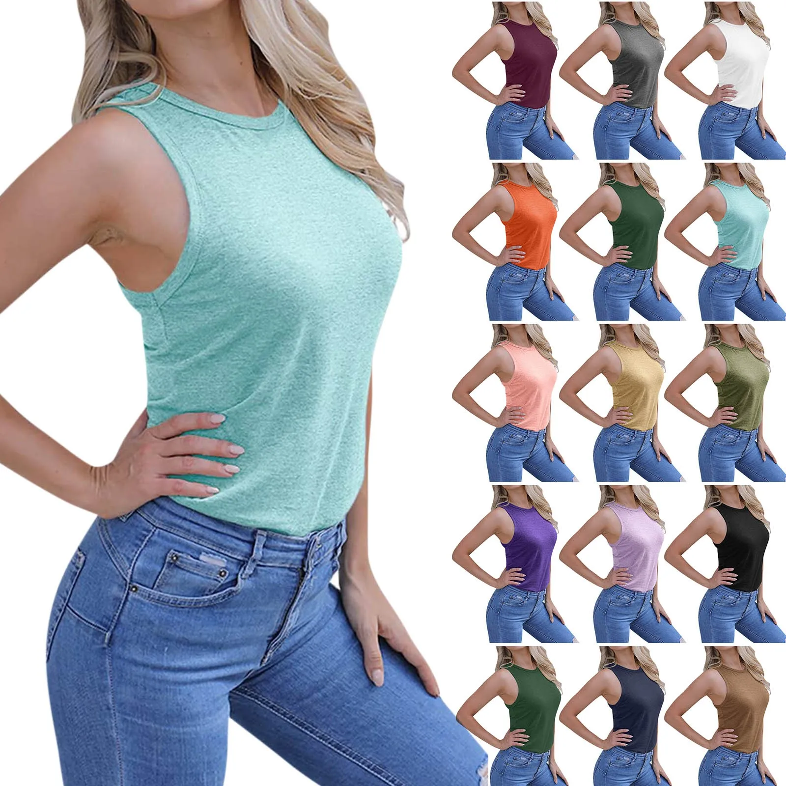 Colete esportivo casual feminino com gola redonda, clássico simples, diário, confortável, macio, monocromático, regata com tudo o que combina