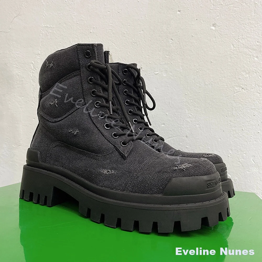 Ripped Washed Canvas Platform Boots Men Black Lace Up Chunky Heel Black Distressed Work Boots Gothic Streetwear Punk Short Boots