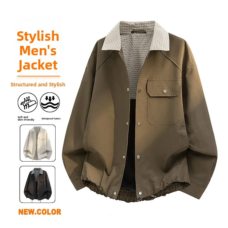 

Мужское повседневное пальто из полиэстера с длинными рукавами, легкое, в американском стиле, с цветными вставками и воротником, весна 2026