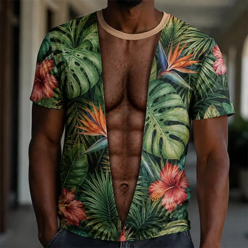 Funny 3D Printed Fake Muscle Belly T Shirt Men Flower Short Sleeve Top Colorfull Swirl Casual Summer Tee Beach Trip Pool Party