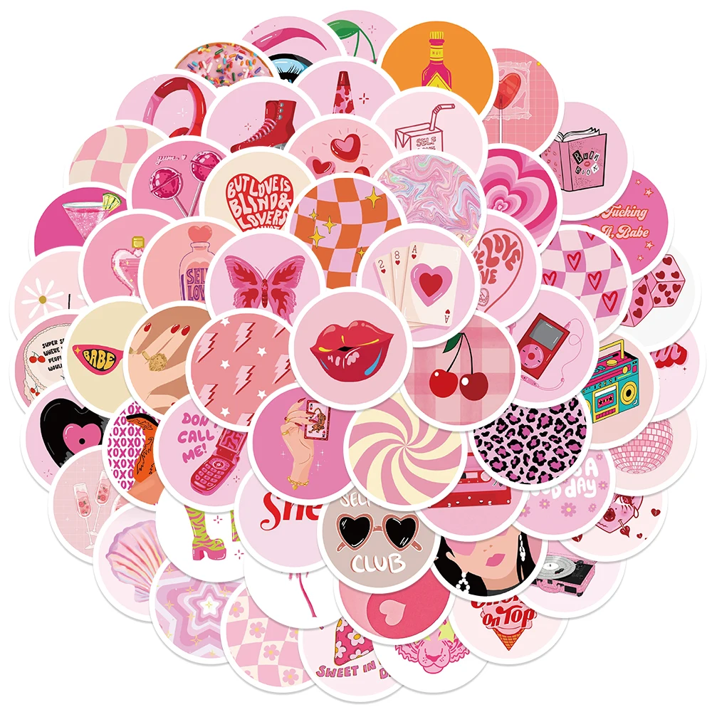 60pcs Cute Cartoon Pink Romance 90s Groovy Stickers For Laptop Water Bottle Luggage Notebook Phone Waterproof Vinyl Decals