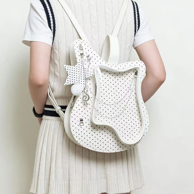 Creative Polka Dot Guitar Shaped Ita Bag Y2K Heart Chain Shoulder Bag Sweet Cool Motorcycle Style Backpack/crossbody Bags