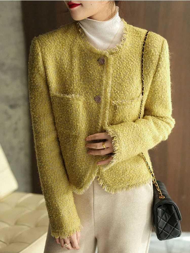 Fall Winter French High Quality Women\'s Breasted Luxury Tweed Jacket Yellow Elegant Pocket Small Fragrant Outwear Women Clothes