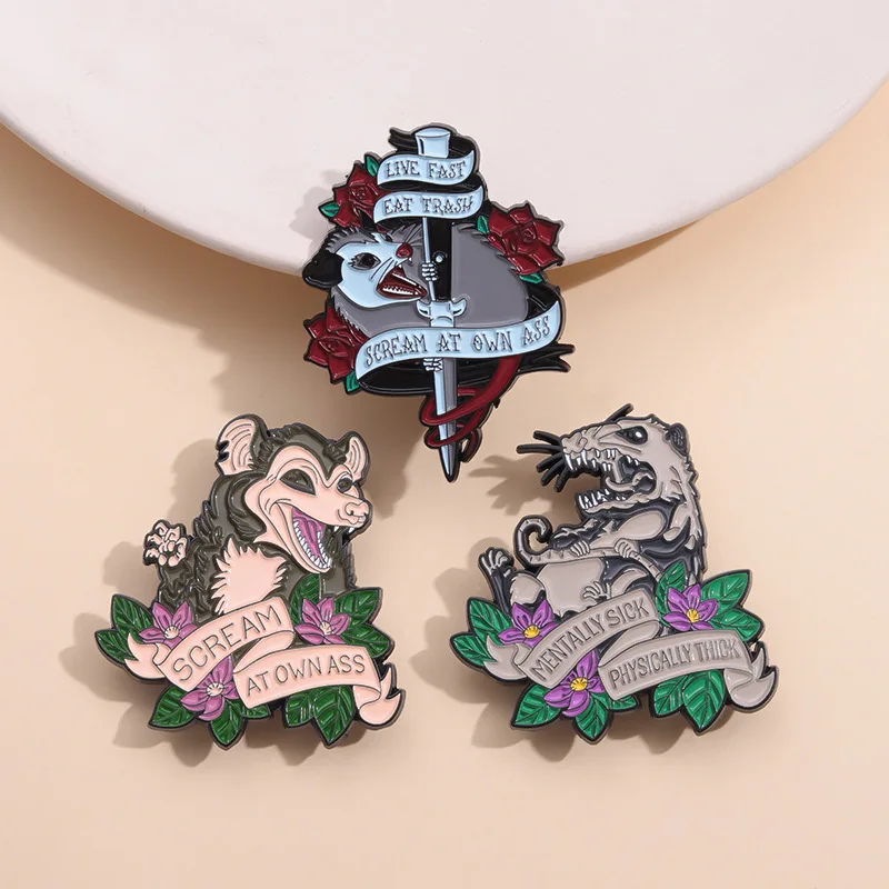 Opossum Animal Enamel Pins Custom Funny Possum Screams Live Fast Eat Trash Brooches Lapel Badges Animal Jewelry Gifts Wholesale