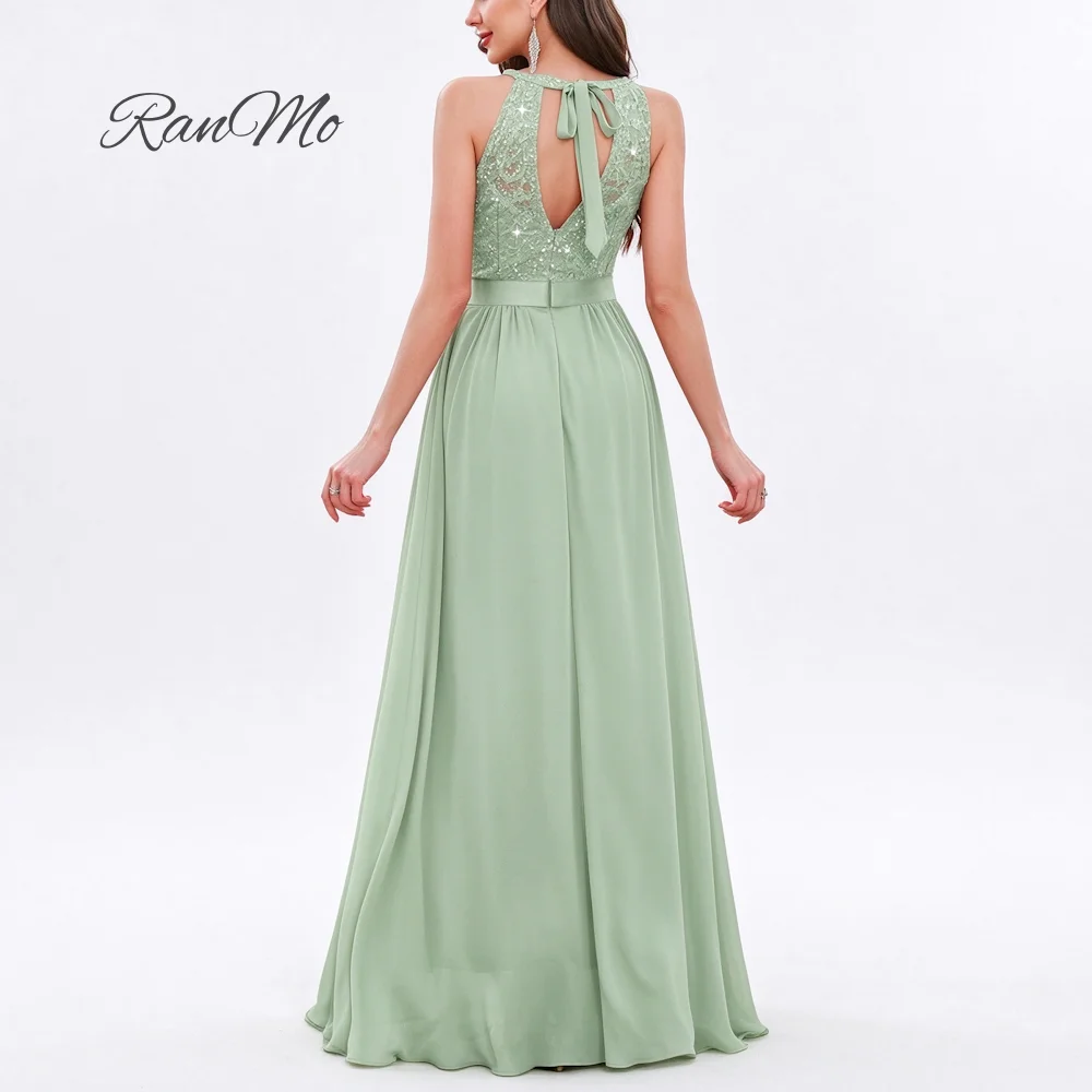 Customizable RanMo Sage Green Halter A-Line Bridesmaid Dress Chiffon Lace Sequin Bodice Keyhole Back Floor Length Evening Gown