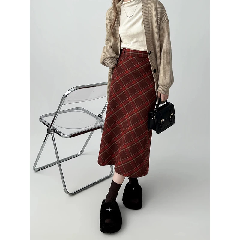 MiiiiX Retro Style Elegant Red Plaid Woolen Long Skirt Women 2024 Autumn New Fashion Midi Sheath A-line Skirt Female Clothes