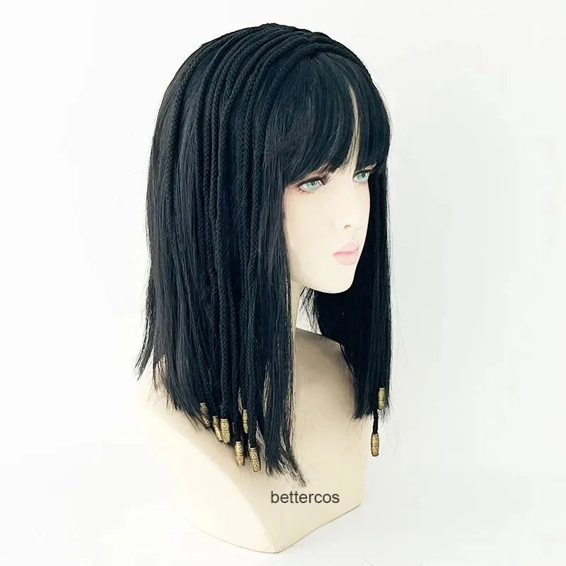 zz04zz12 Kleopatra Egipt Królowa Czarne Włosy Złote Koraliki Dekoracja Taniec Halloween Party Role Play Cosplay Peruki + Czepek pod Perukę