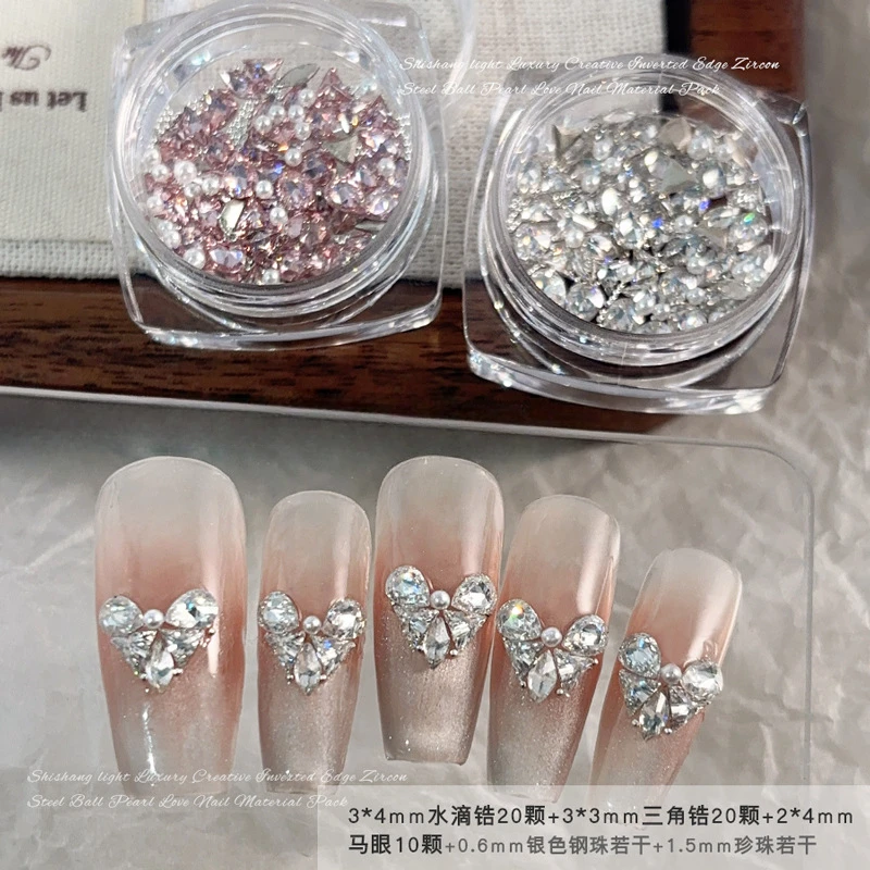 Kryształki w kształcie kropli wody, łączone, płaskie dno, odwrócona krawędź, serce, cyrkonia, ozdoby do paznokci, akcesoria do manicure.