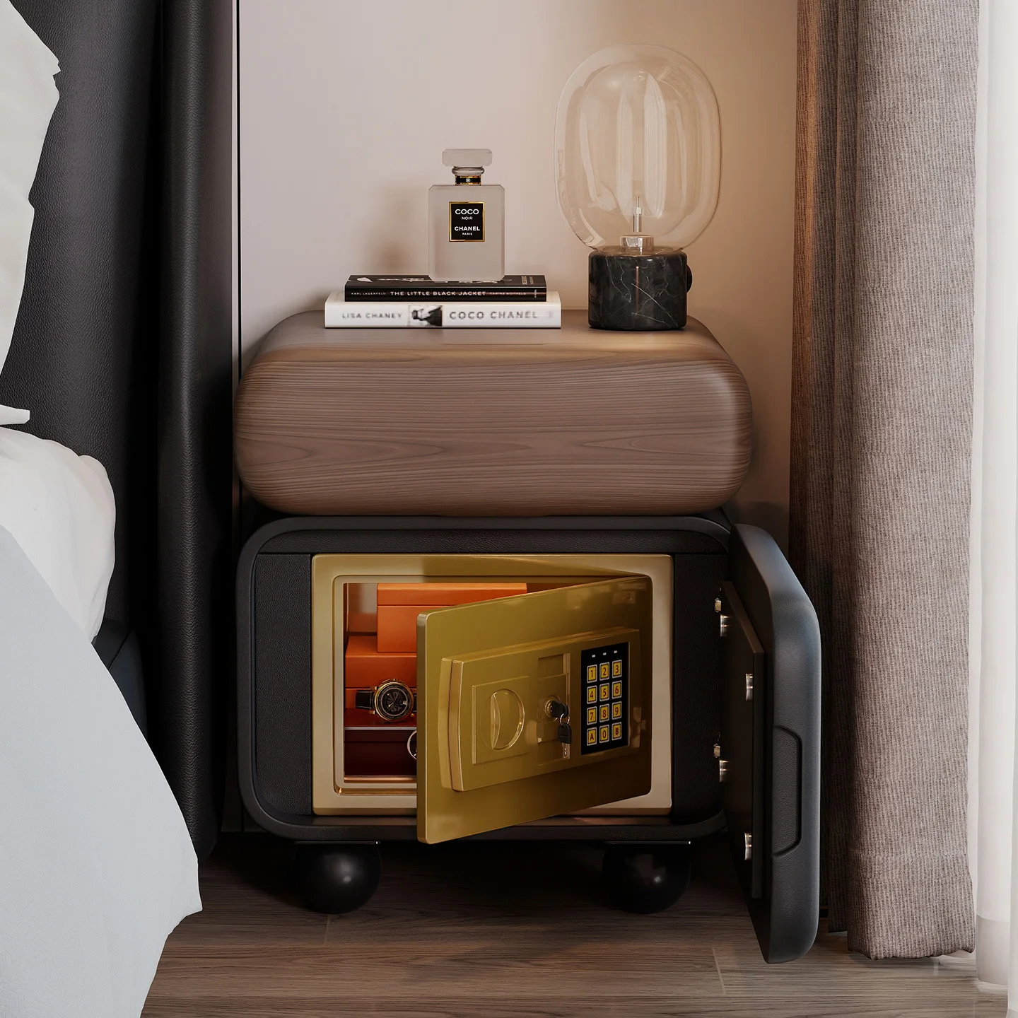 Smart nightstand, safe, integrated lockable solid wood bedside cabinet, home bedroom vintage cream-style small side cabinet