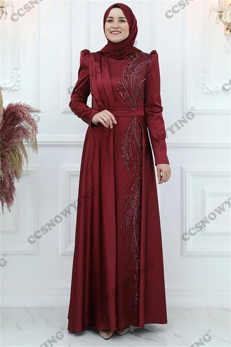 

Burgundy Appliques Beaded Muslim Hijab Evening Dresses Satin Long Sleeve Formal Party Gown Arabic Dubai Robes De Soirée