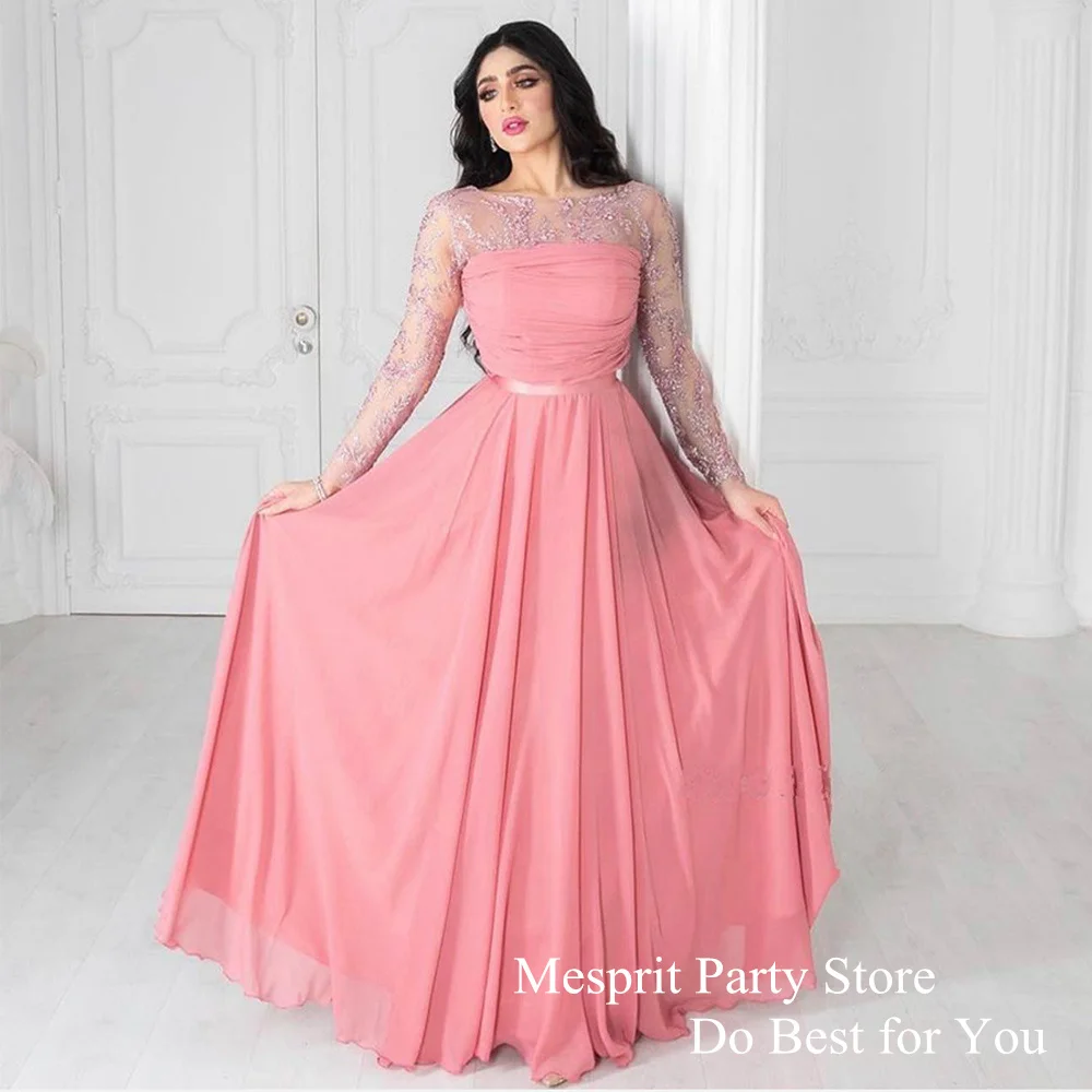 Peach Pink Prom Dress Scoop Neck Illusion Long Sleeves Applique Pleat Chiffon A Line Saudi Party Gown Formal Evening Dresses