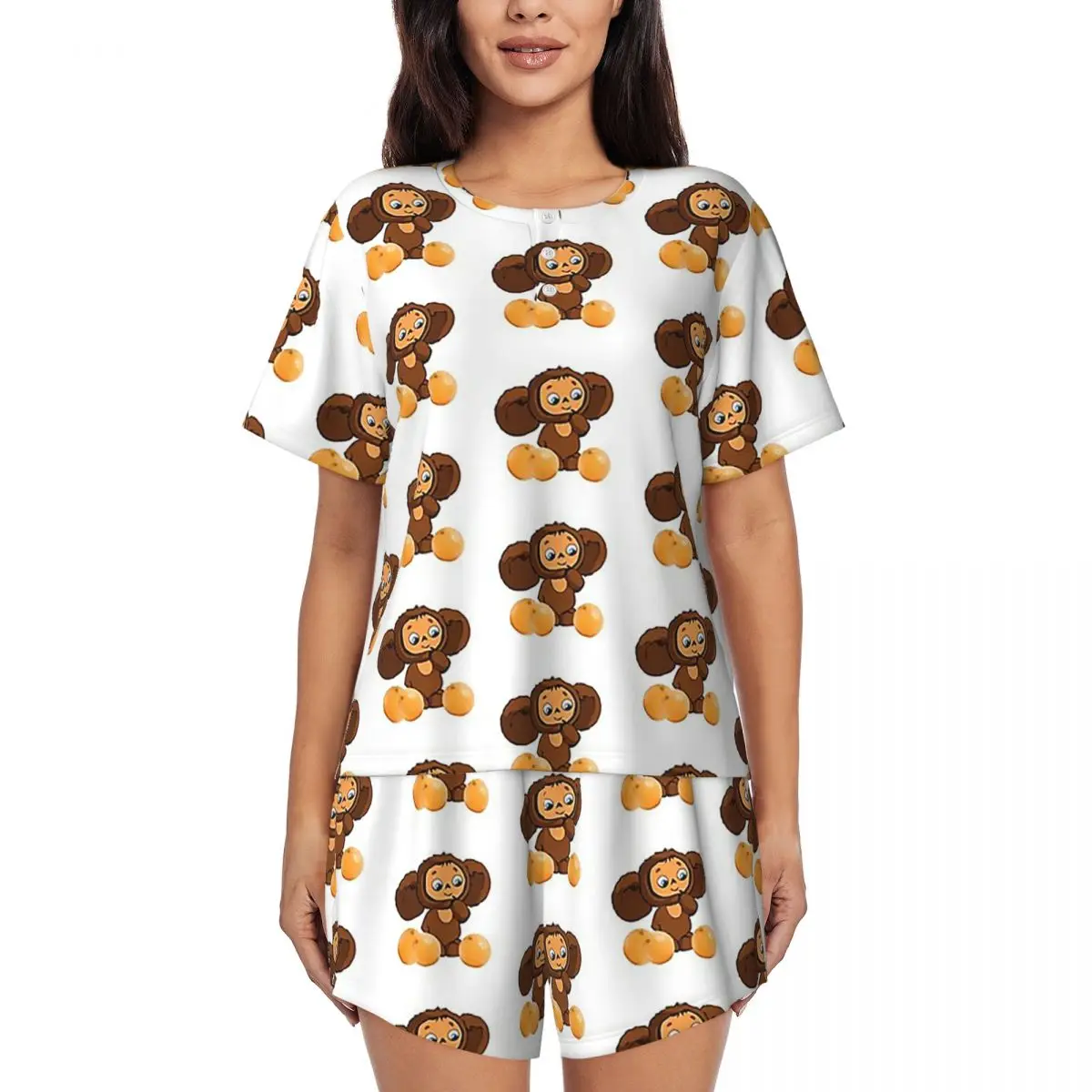 Cheburashka Nachthemden mit Rundhalsausschnitt und kurzen Ärmeln zum Schlafen, Schlafhemden für Damen, weiches Pyjama-Set mit kurzen Hosen
