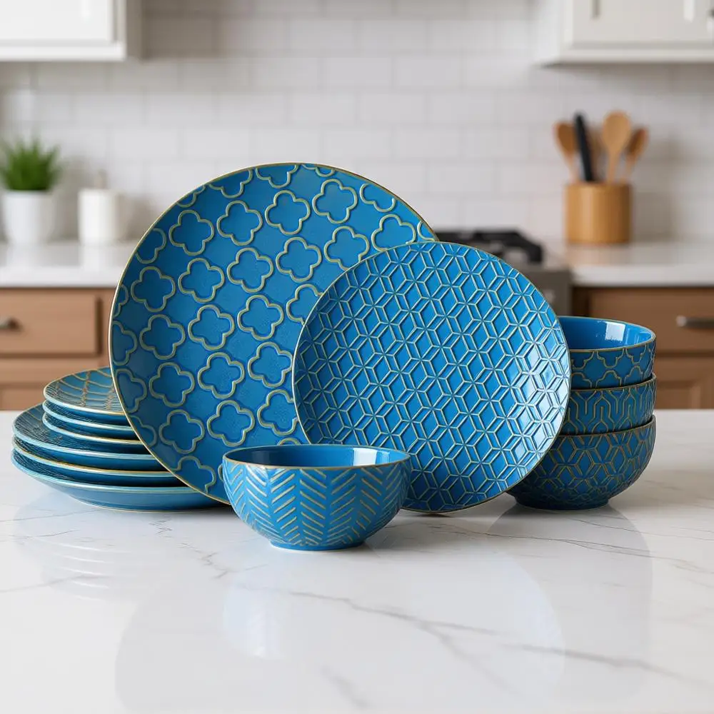

12-Piece Ceramic Dinnerware Set, Scratch-Resistant, Blue, Safe for Microwave, Oven & Dishwasher