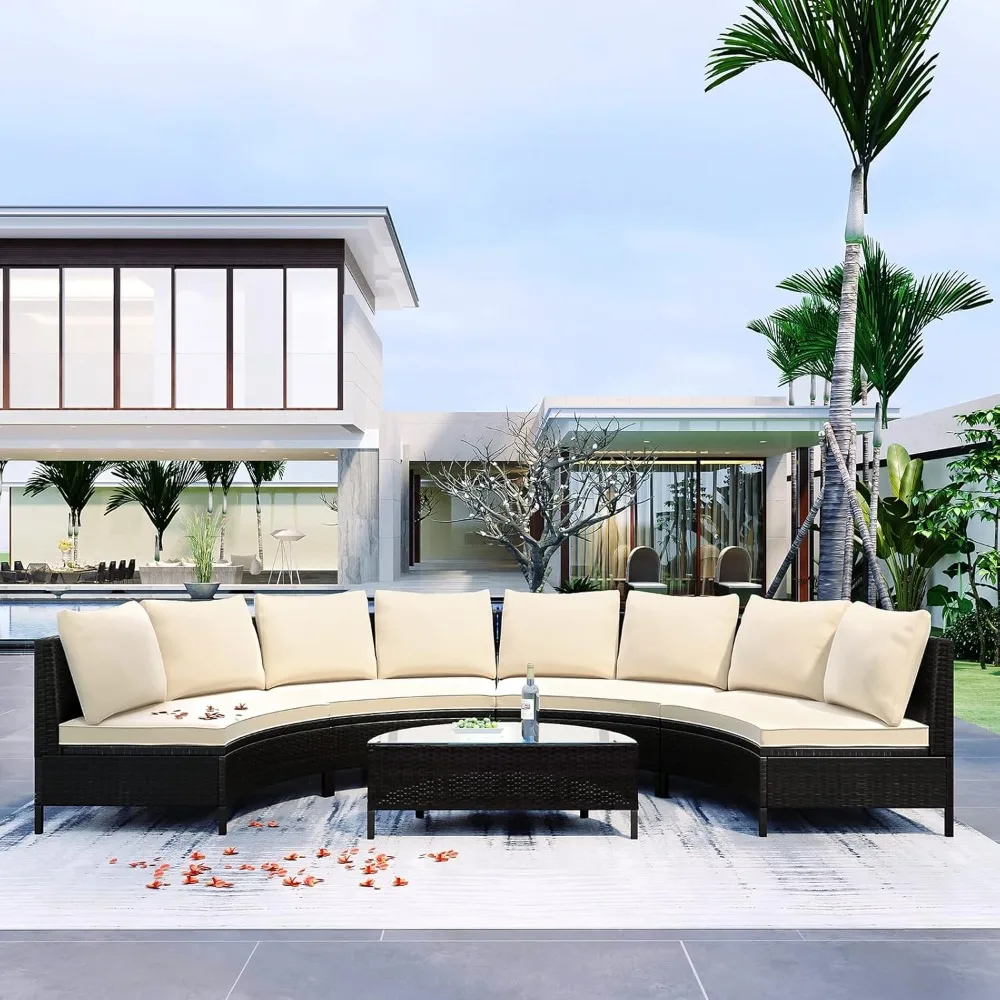 

5-piece outdoor sectional furniture set, half-moon sofa with cushions and glass coffee table, rattan wicker sectional sofa