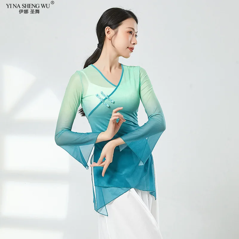 New Style Classical Dance Clothes Gradient Color Tops Chinese Folk Dance Costumes Women\'s Gauze Dance Practice Clothes Tops