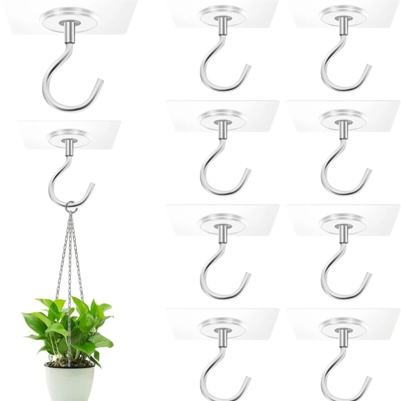 1-10pcs Adhesive Ceiling Hooks No Drill Hanging Hook for Hanging Plant Wind Chimes Stainless Steel Outdoor Adhesive Hook