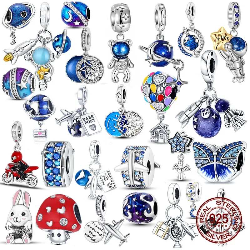 925 Sterling Silver Blue Series Moon Space astronaut Earth Charms Fit  Bracelet Beads for Women Jewelry DIY Gift