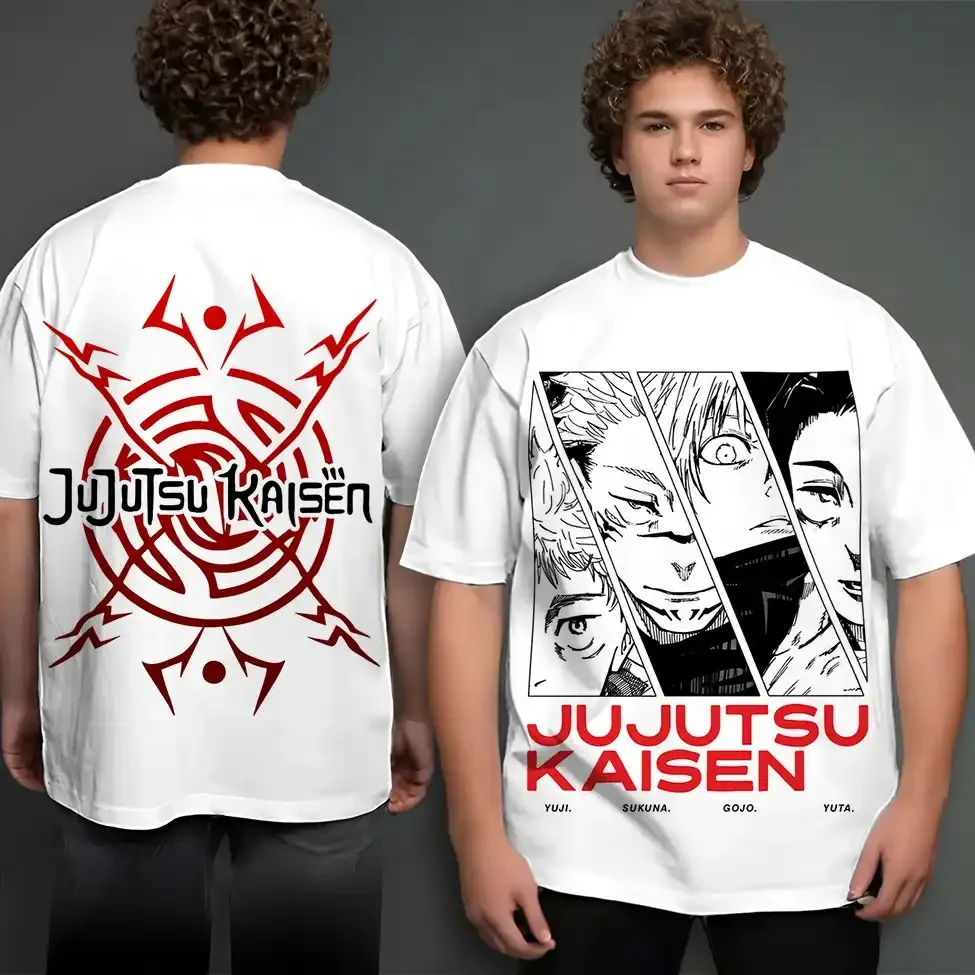 Bandai Jujutsu Kaisen 2D Anime Print Short Sleeve Tee, Japanese Shonen Character Graphic Top for Casual Street Daily Wear