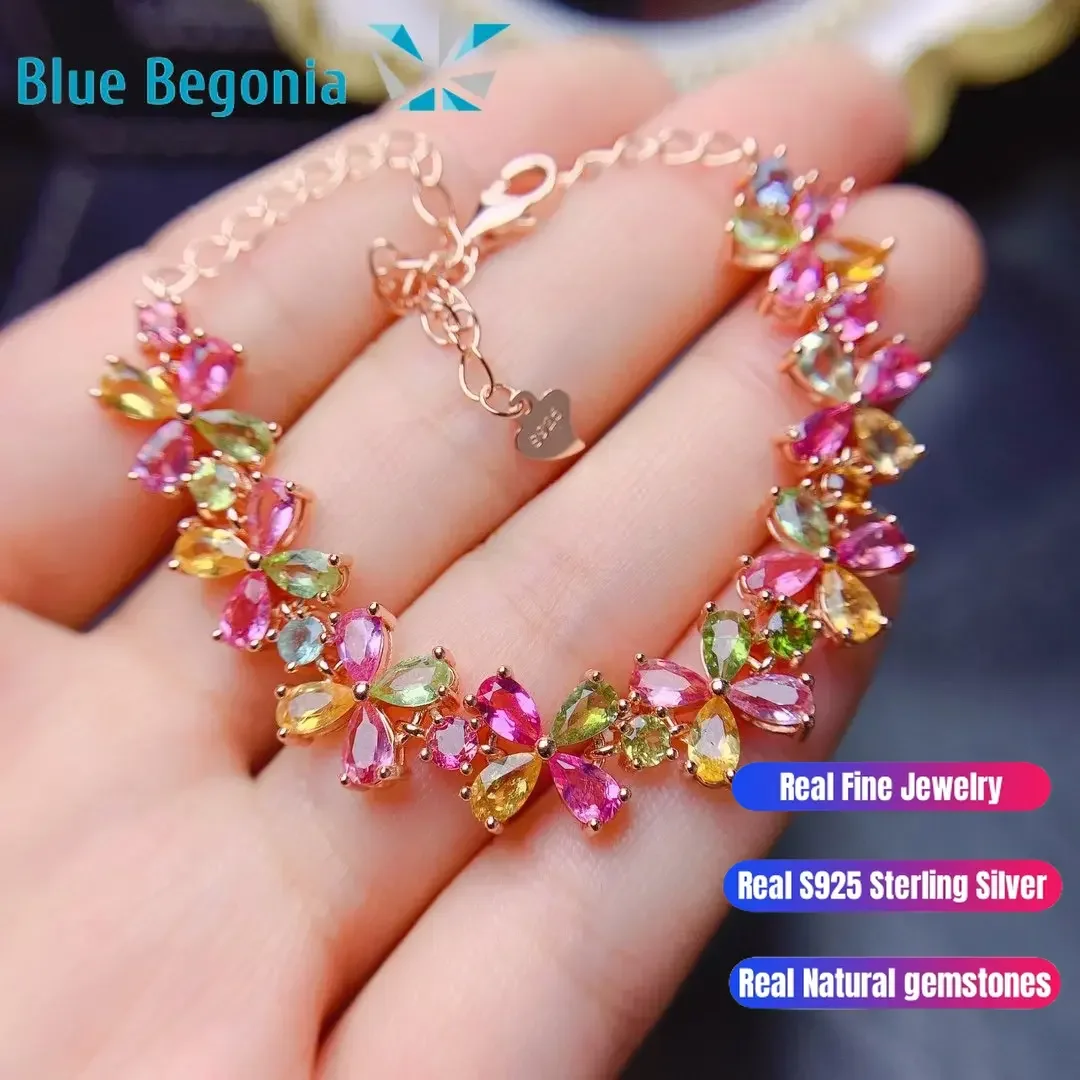 Natural Brazilian Tourmaline Charm Bracelet Fine Jewelry for Women Anniversary Gift 925 Sterling Silver 41pcs 3*3 3*5MM Gemstone