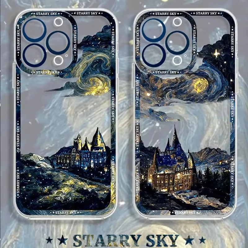 Painting Starry Night Castle Case For iPhone 16 Pro Max 15 14 Plus 13 12 11 Pro XR XS X 8 7 SE 2020 Silicone Protective Funda