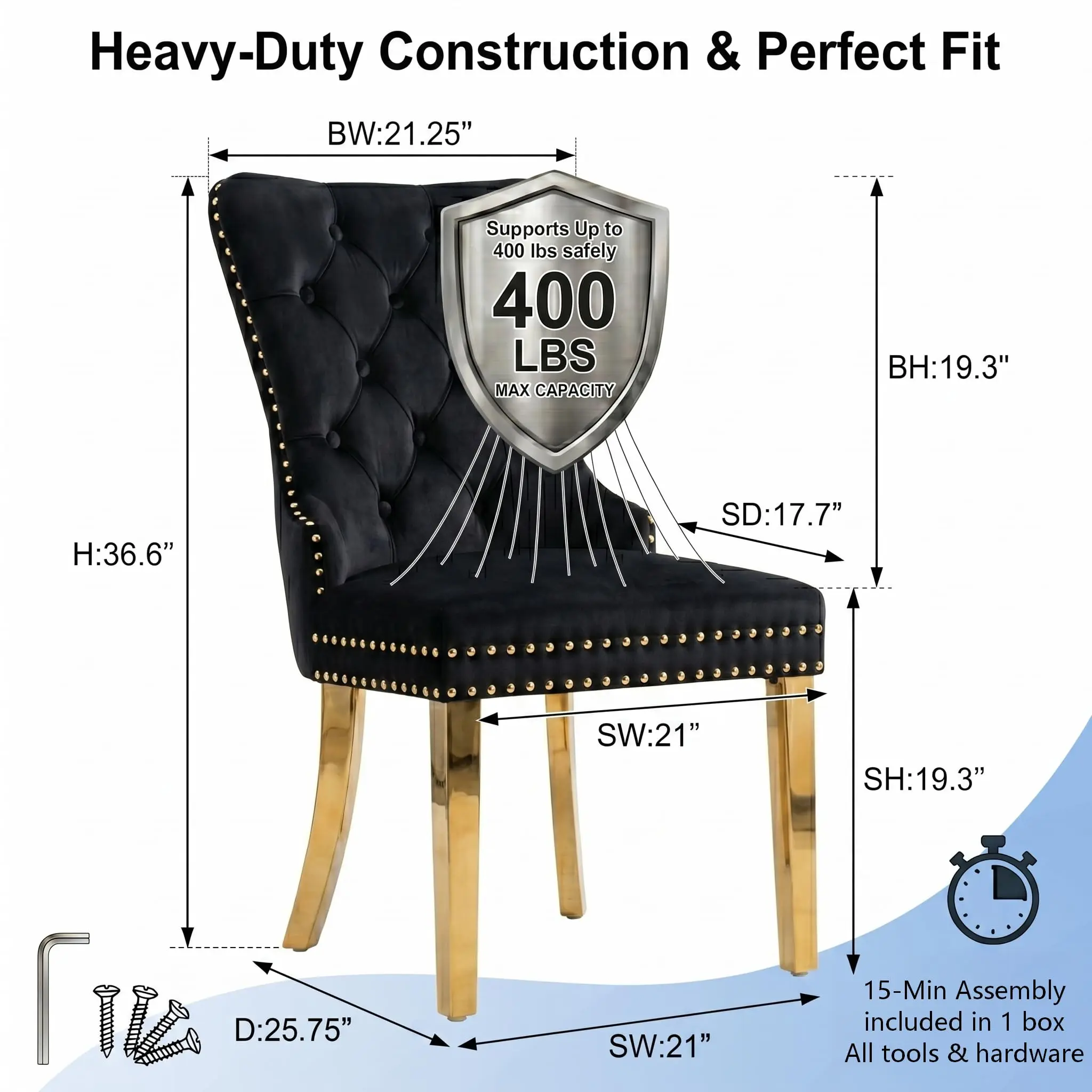 Velvet Dining Chairs Set of 2,Modern Tufted Upholstered Chair(Black)