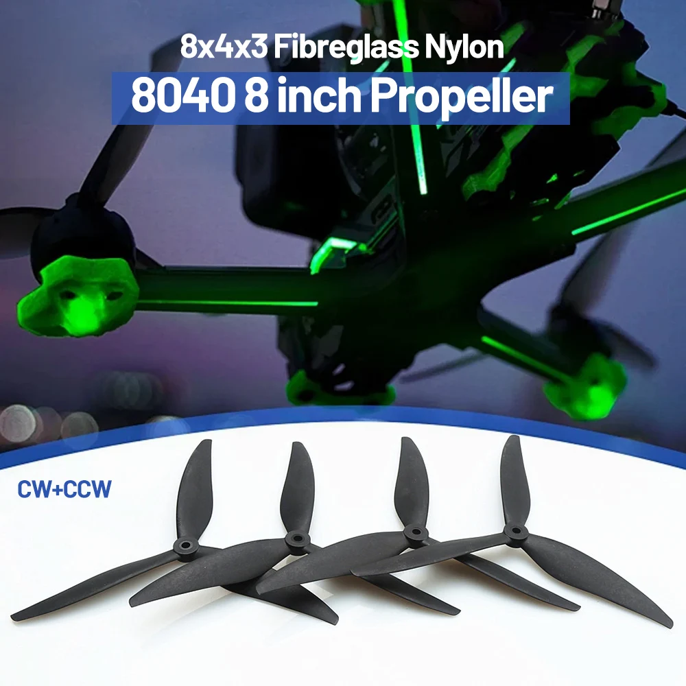 

1/2/10 Pairs 8040 8X4X3 8inch 3 blade/tri-blade Propeller Fiberglass Nylon CW+CCW for 8-inch FPV Drones Airplane DIY Parts