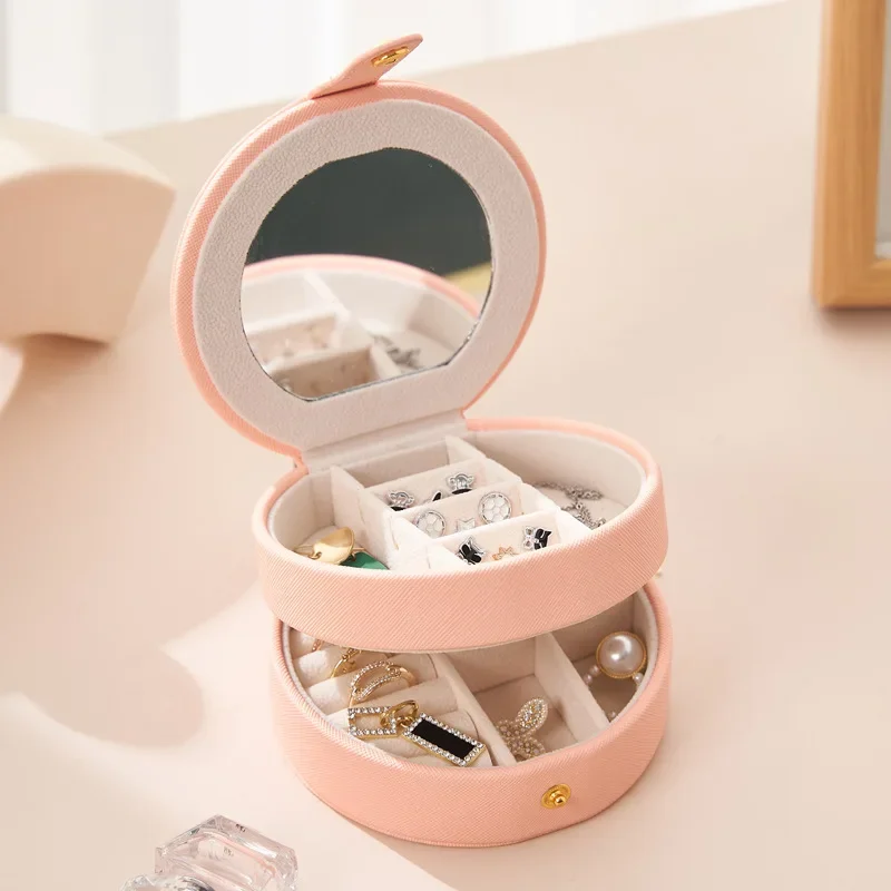 

Portable Round Two Layers PU Leather Jewelry Storage Box With Makeup Mirror Inside Multi Functional For Necklace Ear Studs Rings