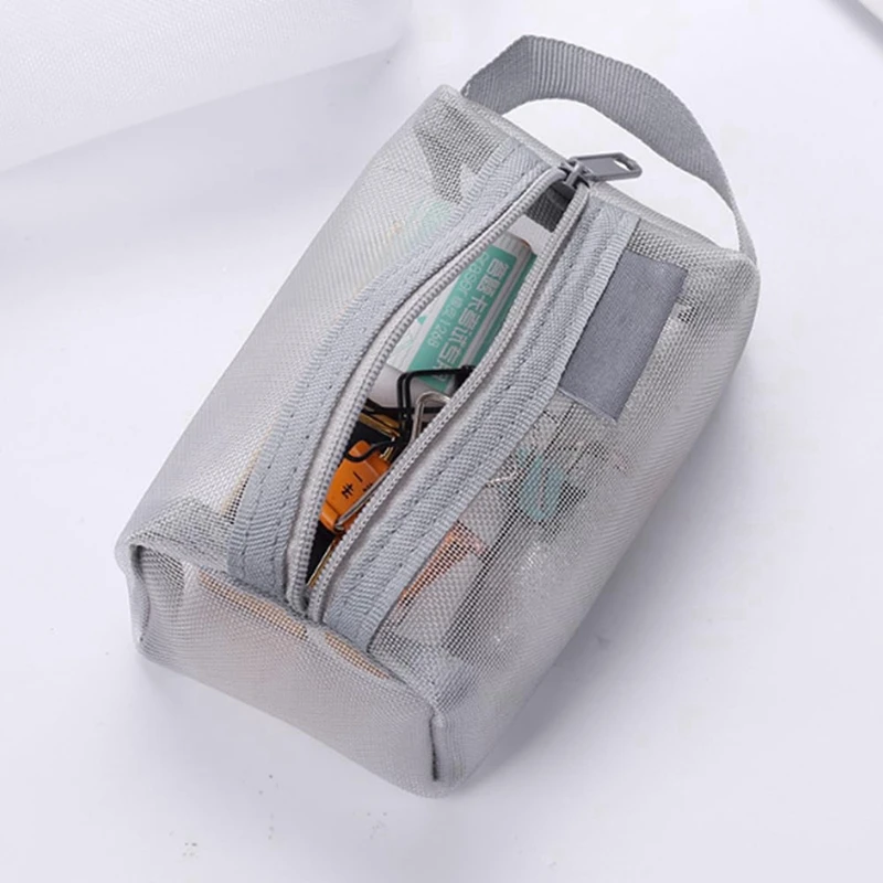 กระเป๋าเครื่องสำอางตาข่ายถุงใส่ของแบบตาข่ายสี่เหลี่ยมแบบพกพาพร้อมซิปตาข่าย tas kosmetik กระเป๋าเข้าห้องน้ำแบบพกพาทรงสี่เหลี่ยมขนาดเล็ก12ชิ้น