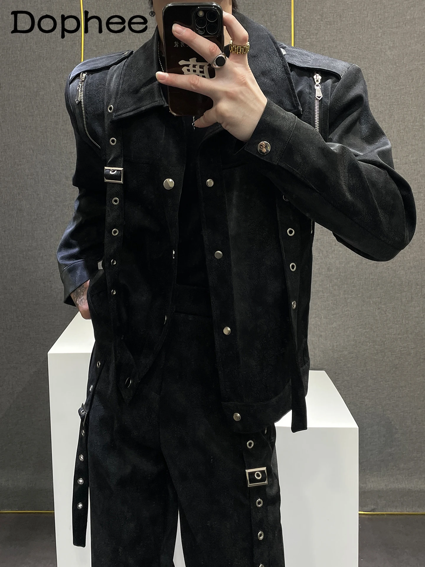 

American High Street Fashion Design Heavy Leather Jacket Set Rivet High-end Stylish Motorcycle Jacket Coat for Men