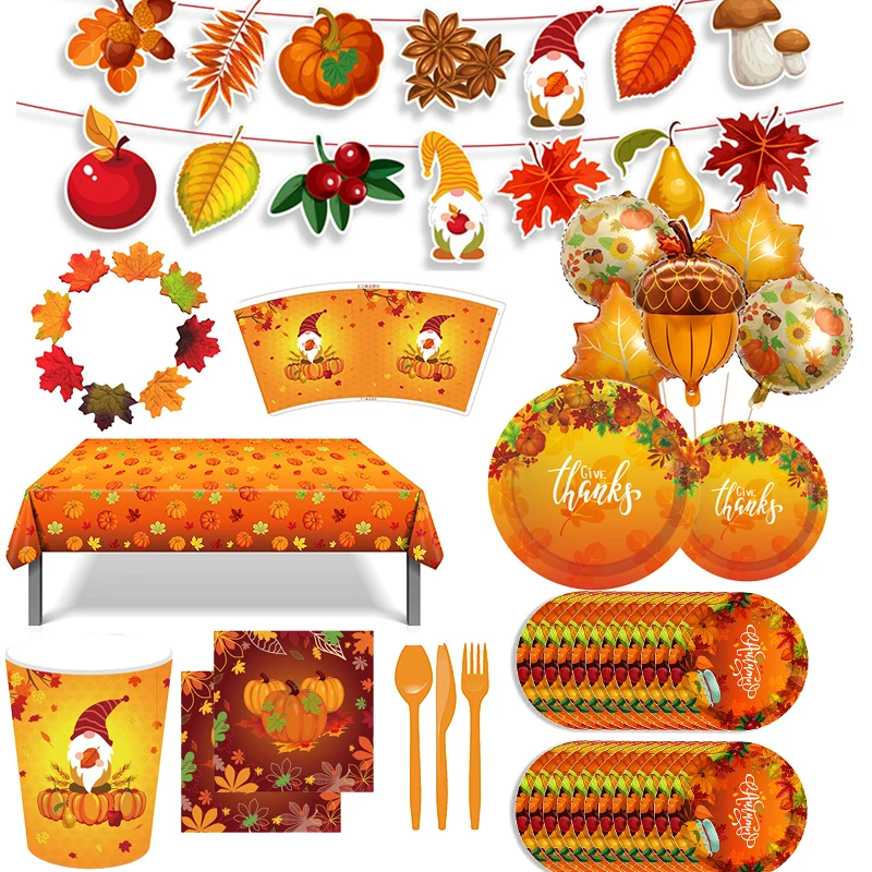 Thanksgiving Themed PartyPine Cones Maple Leaf Pumpkin Corn Pear Foil Balloons Birthday Party Decorations Disposable Tableware