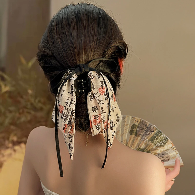 Chinese Style Ancient Calligraphy Ribbon Bow Shark Clip Hair Claw Fashion Hairpin Elegant Hair Accessory Retro Headwear Gift