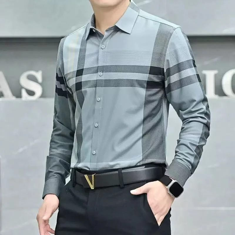 Men's casual light luxury striped shirt - long sleeved button top for spring, summer, and autumn, machine washable, spring outfi