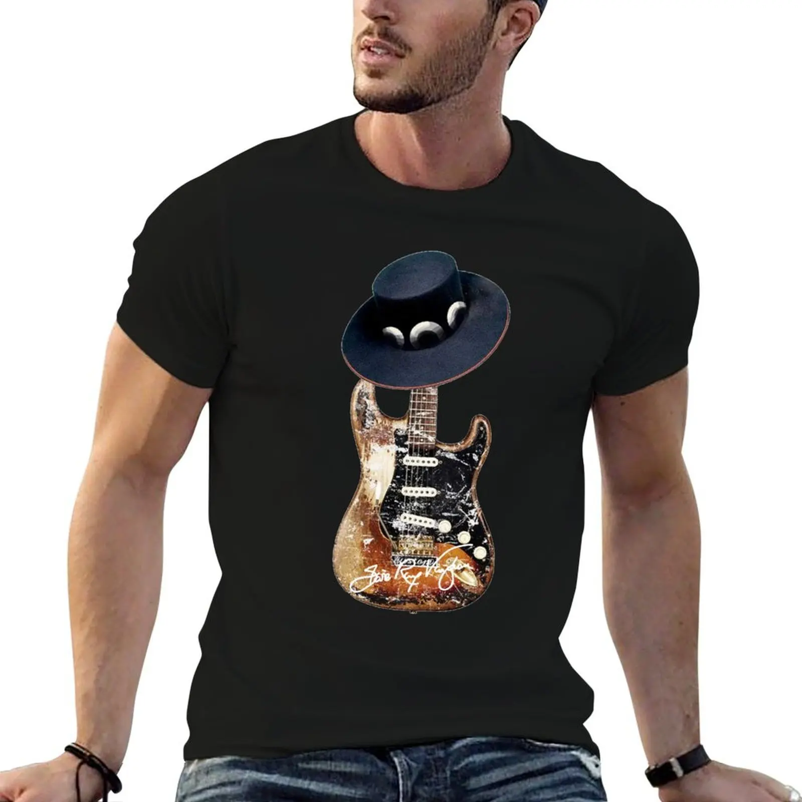 Guitarist Blues Man Vaughan 70s T-Shirt Modern Print Casual T-Shirt