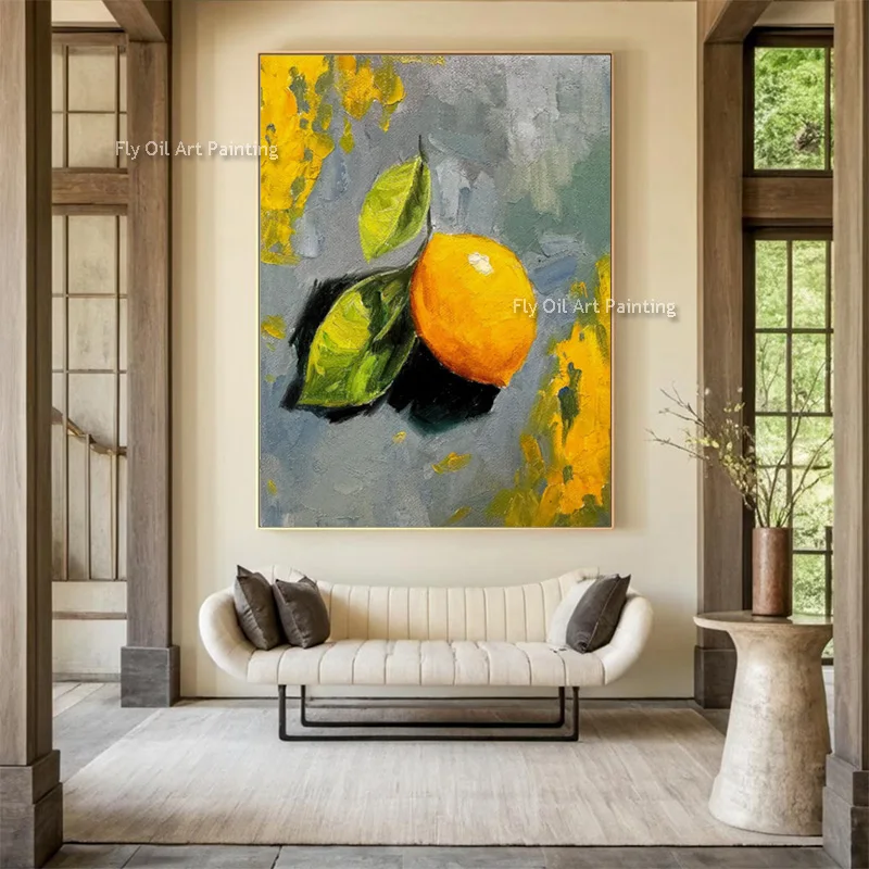 Orange And Green Lemon Canvas Oil Painting Handmade Original Blue Green Lutos Flowers Wall Art Decor New Artwork For Home