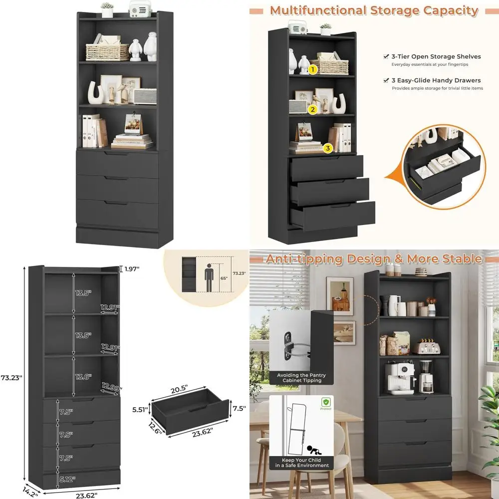 

Отдельно стоящий высокий шкаф для хранения с 3 ящиками и полками, высота 73,23 дюйма, для домашнего офиса, спальни, черный