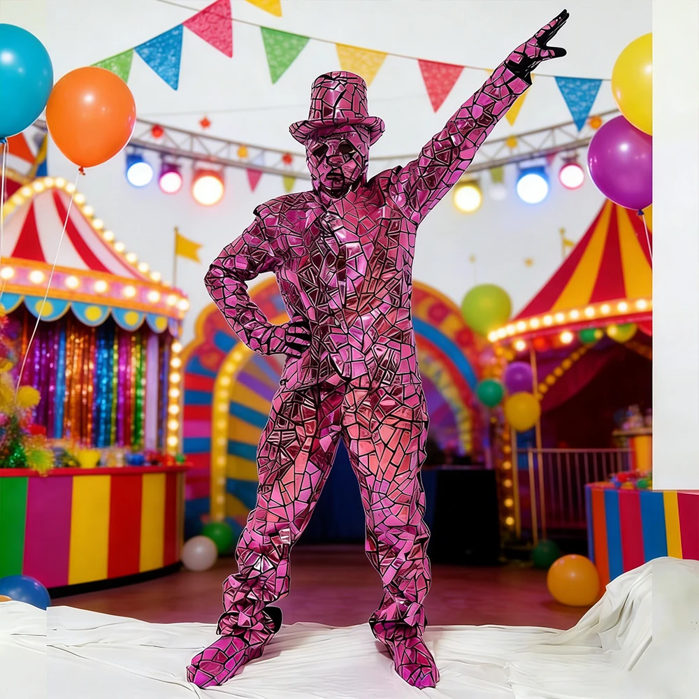 

Shiny Pink Mirrored Men's Masquerade Costume Hip-Hop Dance Crew Outfit for Bar Stage Performance Holiday Party Attire