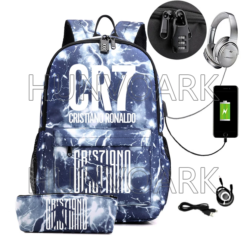 CR7 Mochila Laptop USB para Homens e Mulheres, Mochilas Escolares, Grande Capacidade, Impermeável, Carga USB Externa, Adolescentes Mochilas, 2PCs