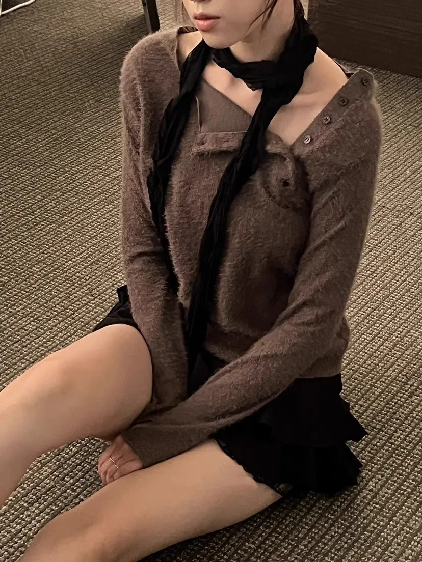 

Эксклюзивный дизайн, длинный вязаный свитер на пуговицах, приталенный крой с диагональным отверстием, пушистый корейский Sle для поездок на работу, модные молодые женщины
