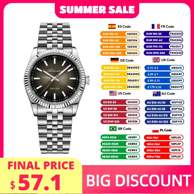 

ADDIESDIVE Stainless Steel Watch for Woman AD2073 Sapphire Glass 36mm Japan Quartz VH31 10Bar Waterproof Diving Luminous Watches
