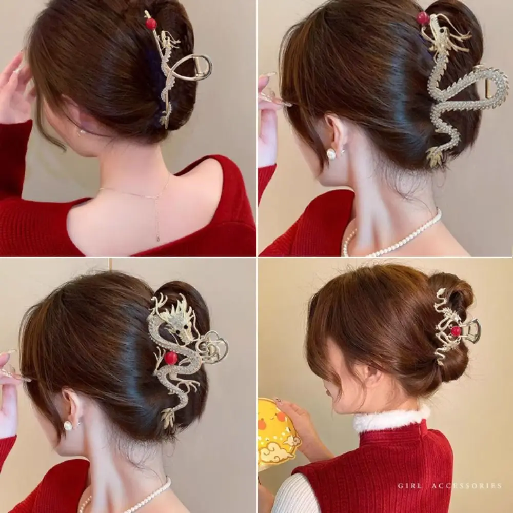 Red Zodiac Dragon Hair Claw Cartoon New Year Headwear Animal Hair Clip Hairpin Chinese Style Rhinestone Shark Clip Girl