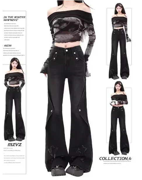 

Black Star Fringed Jeans Retro Y2K Female High Waisted Slim Design Flare Pants American Ripped Straight Tube Denim Pants