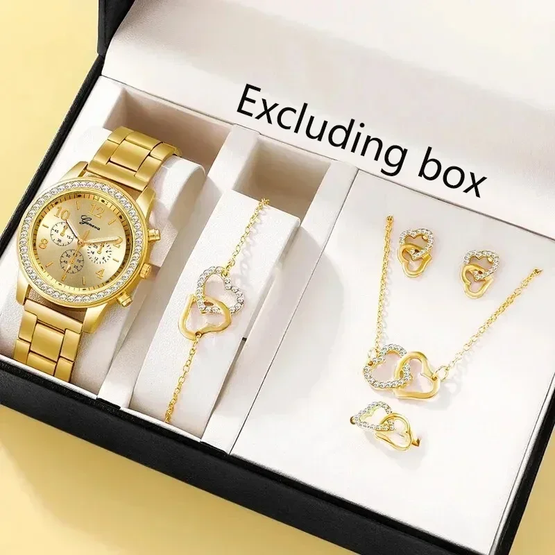 6PCS Set Rose Gold Luxury Watch Mulheres Anel Colar Brinco Rhinestone Moda Relógio de pulso Casual Ladies Pulseira Relógios