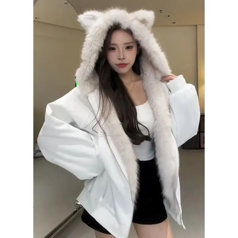 Płaszcz z grubym futrem damski American Gyaru Acubi Ropa Mujer Streetwear Punk Gothic Vintage Chaquetas Fleece Coat