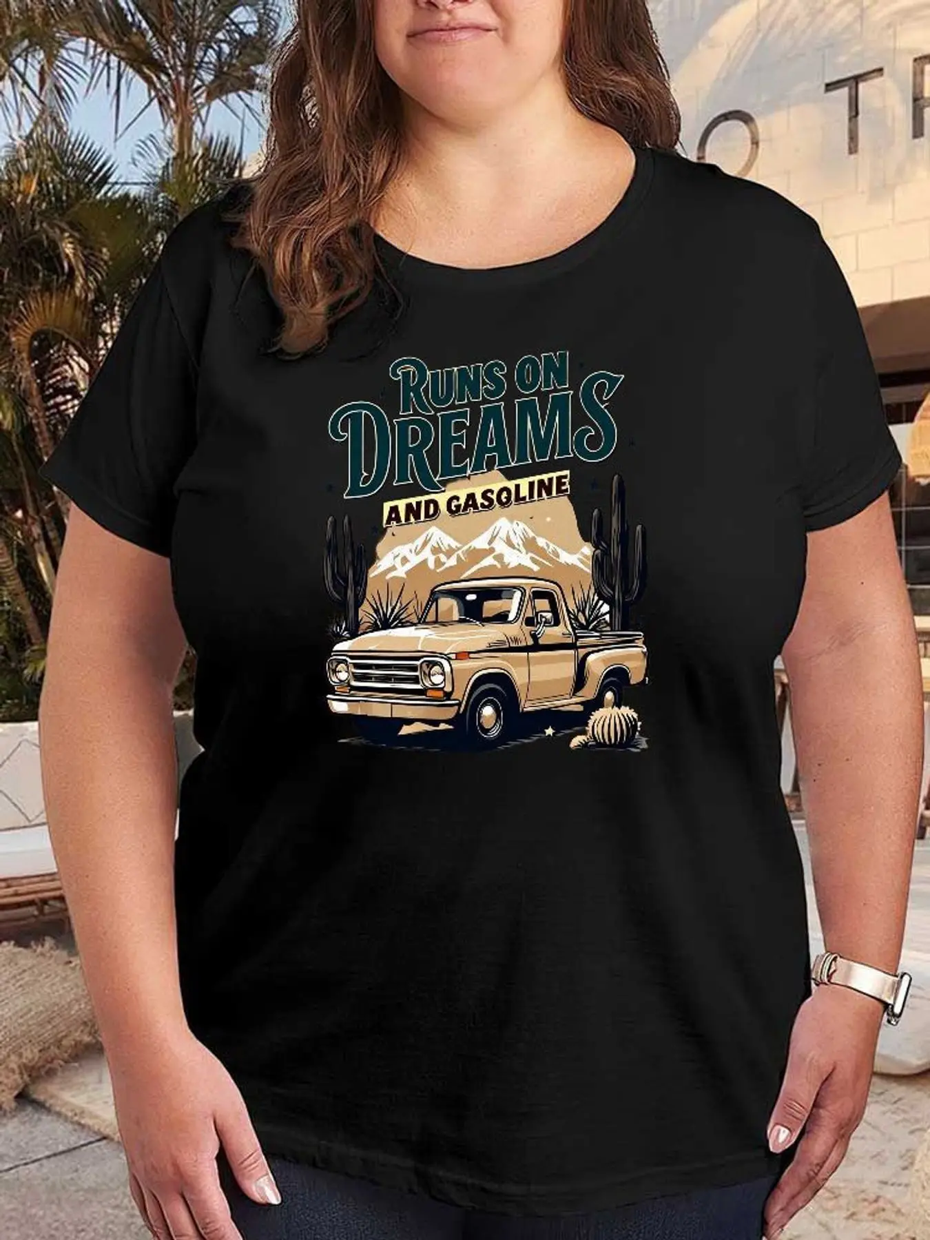 Runs On Dreams And Gasoline Graphic T Shirt Women Fashion Stretchy Plus Size Short Sleeve Vintage Desert Truck Print Casual Tee Tops