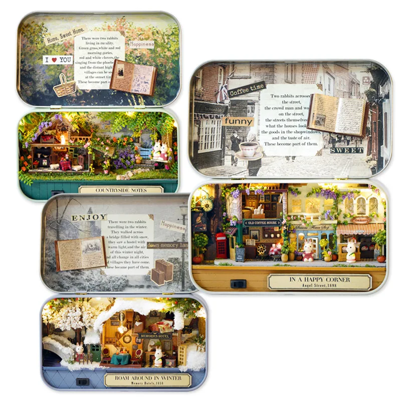 DIY Wooden Miniature Model Kit Box Theater Casa Doll Houses Cherry Blossom 3D Puzzle Bear Dollhouse for Friends Christmas Gifts