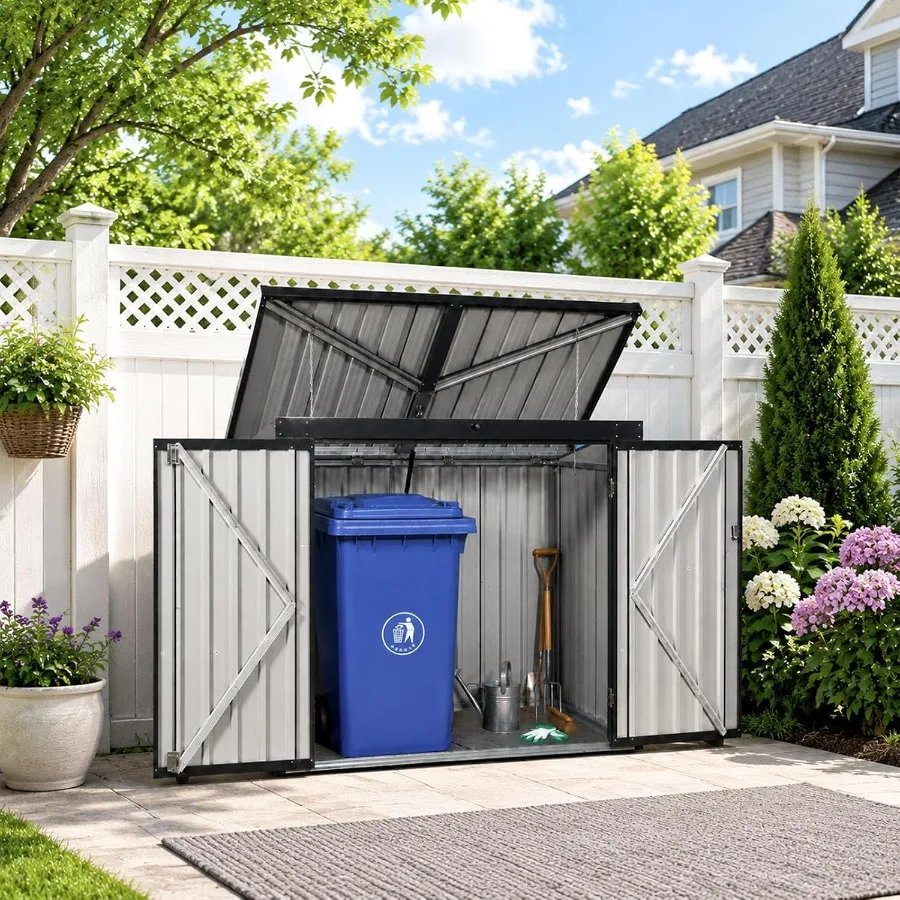 Outdoor Garbage Bin Shed, 65 CU.FT Metal Storage Cabinet, Carbon Steel, Gray, Weatherproof Lockable