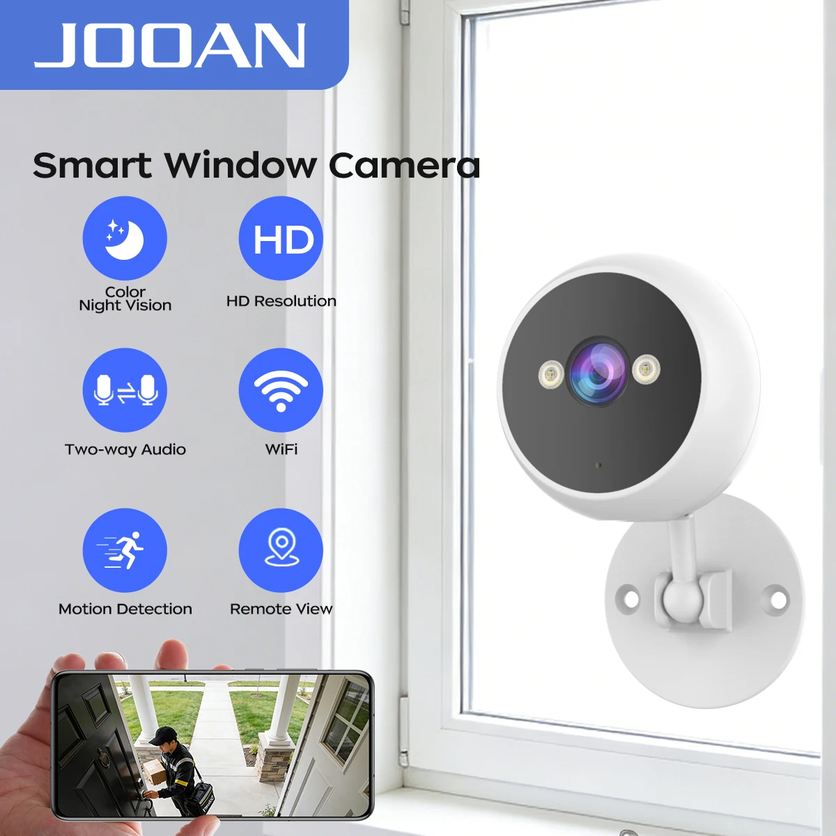 

Камера для окна JOOAN 1080P с Wi-Fi 2.4G/5G, обнаружением движения, ночным видением, двусторонней аудиосвязью и функцией видеонаблюдения для домашней безопасности